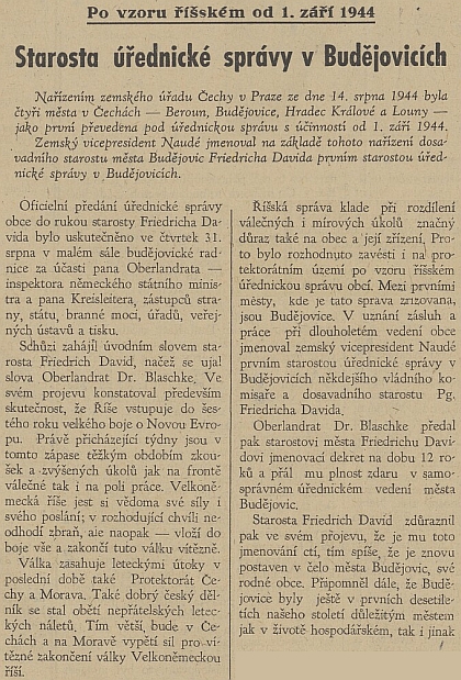 Zpráva o jeho jmenování "prvním starostou úřednické správy v Budějovicích", které už ztratily přívlastek "České", na titulní straně protektorátního listu "Jihočeská jednota"