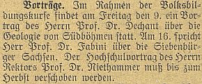 O jeho přednášce na téma geologie jižních Čech v roce 1919