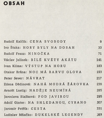 Obálka a obsah sborníku próz (Naše vojsko, Praha, 1961), ve kterém je zastoupena vedle renomovaných autorů ještě jako Zdena Dědinová