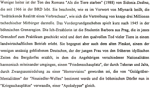 Stručný obsah románu "Als die Tiere sterben" v příručce Pedagogické fakulty Západadočeské univerzity