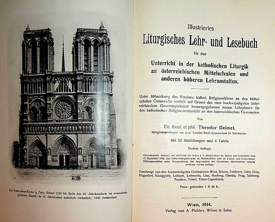 Frontispis a titulní list jeho učebnice katolické liturgiky (1914)
