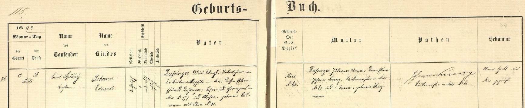 Záznam stříbrské křestní matriky o jeho zdejším narození dne 19. července roku 1890 a křtu sedm dnů nato kaplanem Karlem Spěšným v kostele Všech
svatých na jméno Johann Eduard Deissinger - otec dítěte Alois Deissínger byl tehdy ve Stříbře podučitelem na zdejší chlapecké obecné škole a jeho rodiči byli Eduard Deissinger, učitel a regenschori ve Stříbře čp. 177, s manželkou Aloisií, roz. Ortmannovou původem z Plané (Plan) čp. 41, matka dítěte Juliana Anna Deissingerová byla pak dcerou Johanna Lorenze, mistra pekařského ve Stříbře čp. 60 (v tom domě matčiných rodičů se chlapec narodil) Johanna Lorenze, podepsaného v záznamu jako novorozencův kmotr, a jeho ženy Marie, roz. Heinzmannové