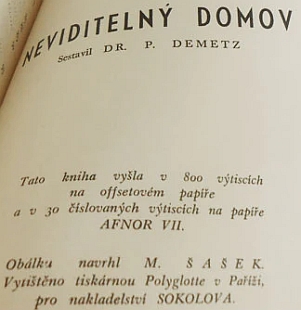 Obálka a titulní list jím sestaveného výboru z poezie českých exulantů po roce 1948, vydaného v Paříži roku 1954, a to v edici, nesoucí jméno "Editions Sokolova" podle dívčího příjmení Medy Mládkové (1910-2022)