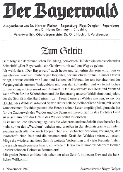 Znovuobnovený Der Bayerwald i s jeho jménem v záhlaví,
jak vyšel 1. listopadu roku 1949