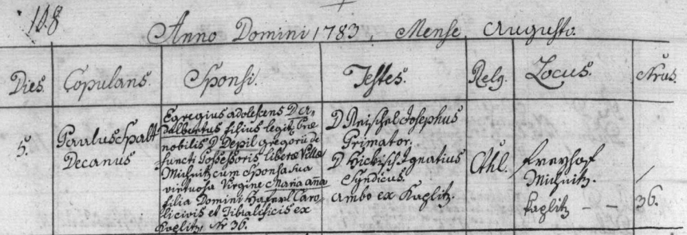 Záznam kaplické oddací matriky o svatbě rodičů