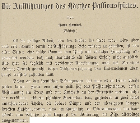 Část textu Hanse Lambela o jeho inscenaci hořických pašijových her