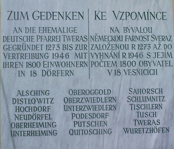 Kostel ve Svérazi, kde byl pokřtěn a pamětní deska na jeho zdi s připomínkou obcí ve farnosti, včetně zaniklé rodné Horní Světlé (Ober Zwiedlern)