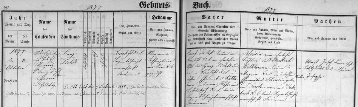 Záznam o jeho narození v křestní matrice farní obce Polná na Šumavě s přípisem o datu úmrtí
v tehdy "říšském" Krumlově