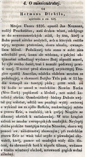 Úvodní pasáž jeho českého článku na stránkách Časopisu katolického duchovenstva v roce 1837 o Janu Nepomuku Neumannovi