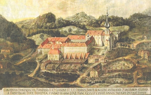 Klášter Pivoň v dobách své slávy na olejomalbě z roku 1710