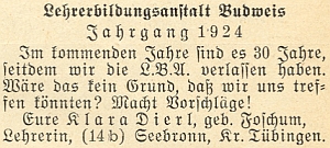 Její výzva k setkání absolventů německého učitelského ústavu ve vánočním čísle krajanského měsíčníku z roku 1953