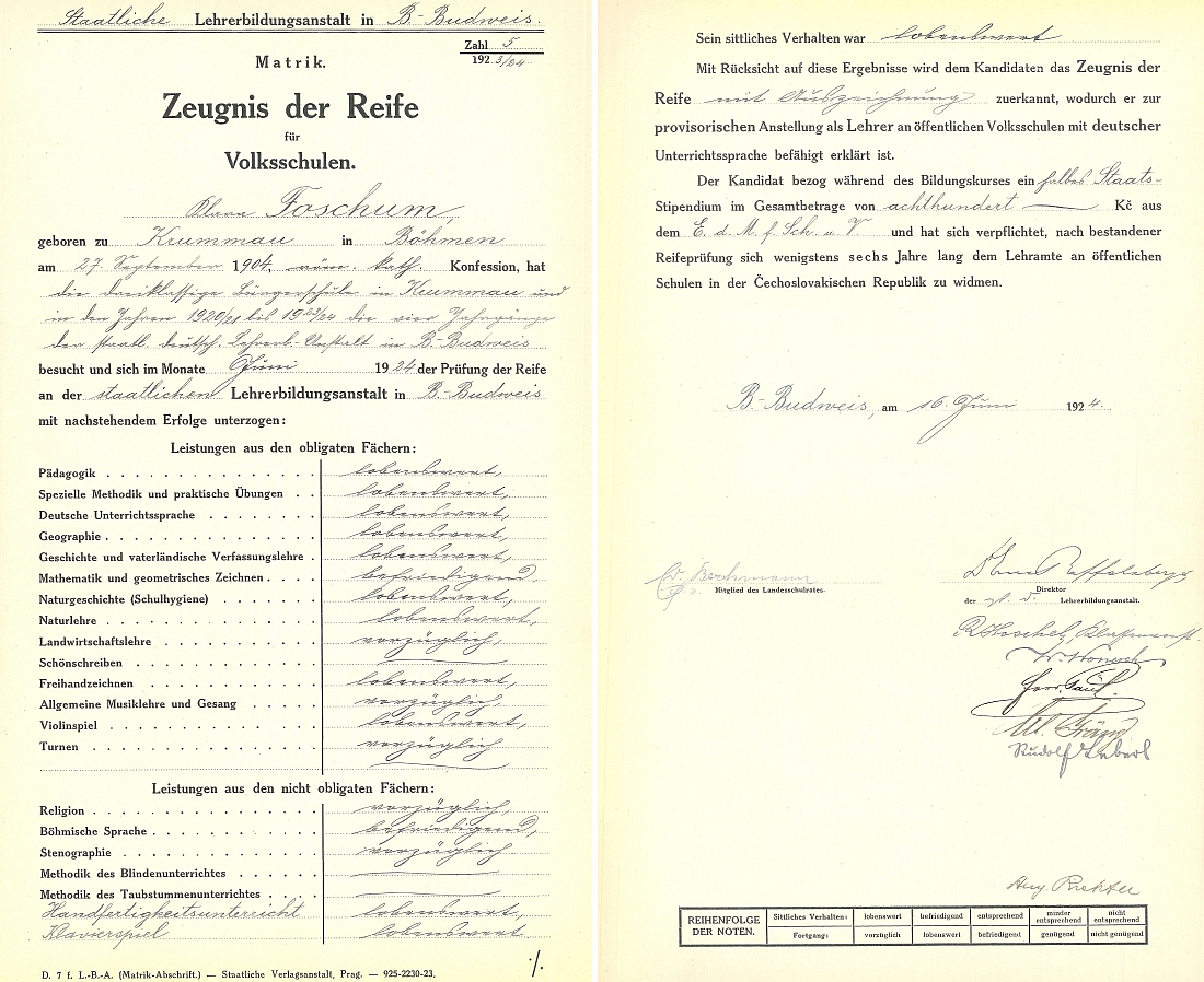 Záznam o jejím maturitním vysvědčení z českobudějovického učitelského ústavu v roce 1924 ve školní dokumentaci