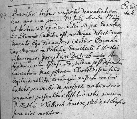 Záznam o jeho druhé svatbě 13. února 1733 v českobudějovické oddací matrice