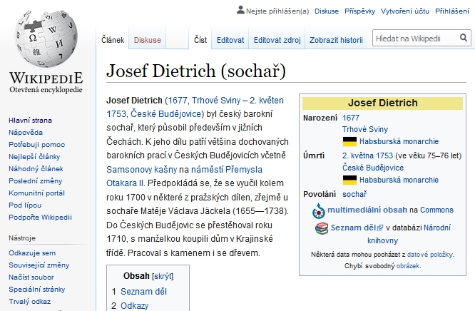 Jeho heslo na Wikipedii vypočítává jeho známá díla, zachycená i snímky (klikněte na náhled)