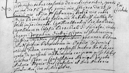 Záznam o jeho třetí svatbě dne 24. července 1746 v českobudějovické oddací matrice