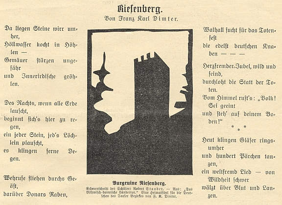 Báseň otištěná v časopise Waldheimat a Rýzmberk na linorytu žáka Roberta Staubera, použitém i jako ilustrace Dimterovy knihy "Das Böhmische-bairische Landestor - Eine Heimatfibel für die Deutschen des Tauser Bezirkes" (viz i Hugo Rokyta)