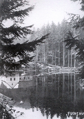 Záběr téhož objektu u rybníka Amerika na snímku z roku 1931 a zříceniny budovy dnes