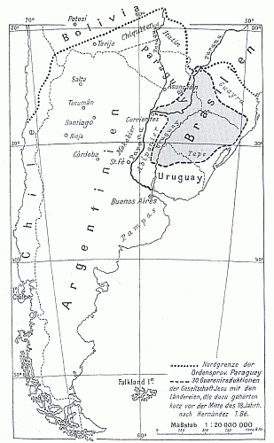 Mapa "jezuitského státu" v jižní Americe kolem půle 18. století