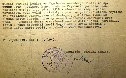 Osvědčení místní správní komise ve Frymburku z července roku 1945