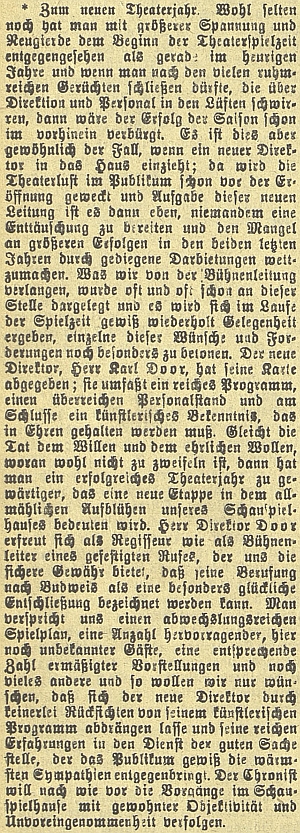 K zahájení nové divadelní sezóny v září roku 1910 na stránkách českobudějovického německého listu