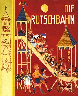 Přední strana vazby jeho dětské knihy (1957, Union Verlag) s výrazným motivem kohouta na jejím hřbetu