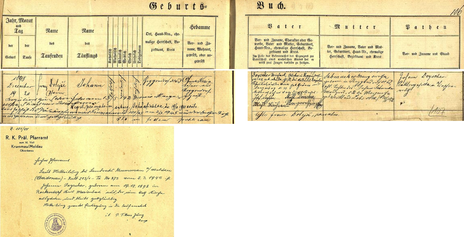 Záznam křestní matriky zaniklé farní obce Schönficht (byla po druhé světové válce zcela zničena ve vojenském výcvikovém prostoru Prameny pod českým místním jménem Smrkovec, které jí bylo uděleno v roce 1947) o narození jeho otce Johanna Doyschera dne 19. prosince roku 1898 ve dnes rovněž zcela zaniklé vsi Roggendorf (také Ober- a Unter-Rockendorf, zanikla ovšem pod českým jménem Žitná) čp. 53 a jeho křtu den nato, který vykonal v "schönfichtském" farním kostele, zasvěceném zemskému patronovi sv. Václavu (stavba z 15. století na místě kostela ještě staršího byla po druhé světové válce srovnána se zemí), farář Franz Dolejší - novorozencův otec, tkadlec v Roggendorfu čp. 44 Michael Doyscher (podepsaný tu jako Michl Doischer)byl synem krejčího Andrease Doyschera a jeho ženy Anny, roz. Grünesové ze Sangerbergu (dnes Prameny) čp. 43, matka dítěte Margaretha, dívčím jménem Schmuckerová, se narodila v Roggendorfu čp. 53 jako dcera zdejšího zedníka Johanna Schmuckera a jeho ženy Margarethy, roz. Seidlové z Lobzů (německy Lobes či Lobez) čp. 10 - pozdější přípis a originální, razítkem opatřené sdělení krumlovské prelatury (za druhé světové války nesl Český Krumlov německé jméno Krummau an der Moldau) dokládá vystoupení Johanna Doyschera v březnu 1945 (!) z římskokatolické církve s tím, že zůstává "gottesgläubig", tj. "věřícím v Boha"