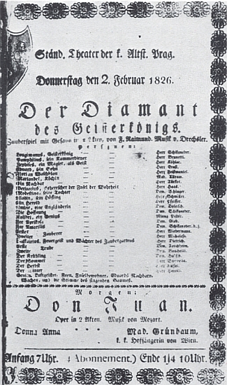 Cedule k uvedení Raimundovy hry Diamant krále duchů v pražském Stavovském divadle s "hudbou od Drechslera" ("Musik von Drechsler")