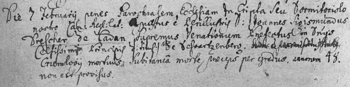 Latinský záznam třeboňské úmrtní matriky o jeho skonu dne 4. února roku 1725