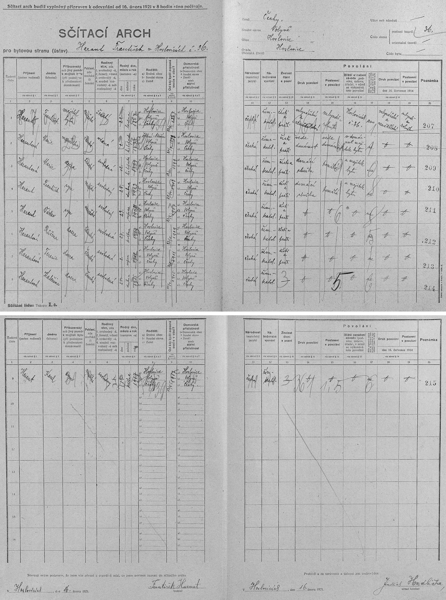 Arch sčítání lidu z roku 1921 pro mlýn čp. 36 v Hoslovicích s rodinou Harantů