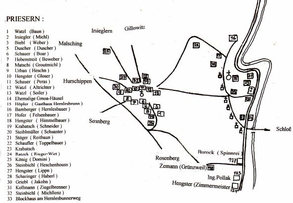 Plánek někdejší Přízeře se jmény majitelů usedlostí a usedlostními označeními do roku 1945