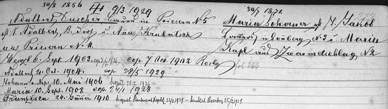Záznam o rodině Duscherových z Přízeře i s jeho jménem mezi sourozenci v "rodovém katastru" matriky farní obce Rožmberk nad Vltavou