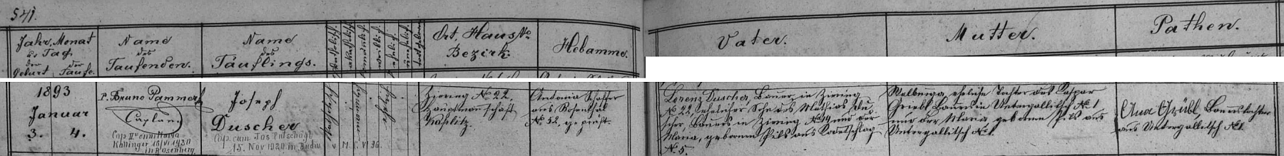 Záznam křestní matriky farní obce Rožmitál na Šumavě o narození jeho otce v Čeříně s pozdějšími přípisy o dvou otcových svatbách