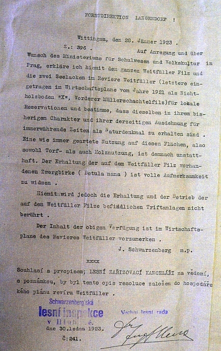 Prohlášení Jana Nepomuka Schwarzenberga z roku 1923 o ochraně Weitfällerské slati...