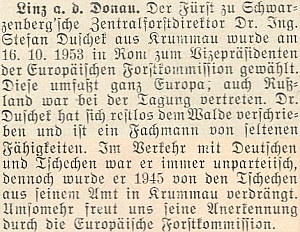 O jeho římském jmenování viceprezidentem Evropské lesnické komise v říjnu 1953 přinesl zprávu krajanský měsíčník