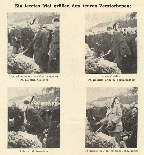 Snímky Ing. Tobiase z Duschekova pohřbu ve Wilheringu v prosinci 1956 zachycují nad jeho hrobem zemského hejtmana Gleißnera, Jindřicha Schwarzenberga, hraběte Petera Reverteru a lesního ředitele Hanse Johna