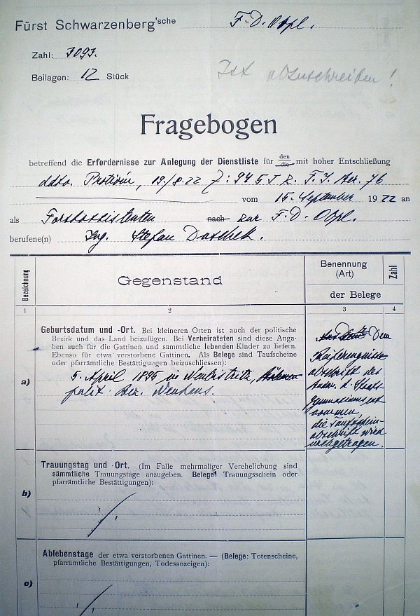Titulní strana dotazníku k jeho zařazení jako lesnického asistenta při schwarzenberském
lesním ředitelství v Horní Plané roku 1922