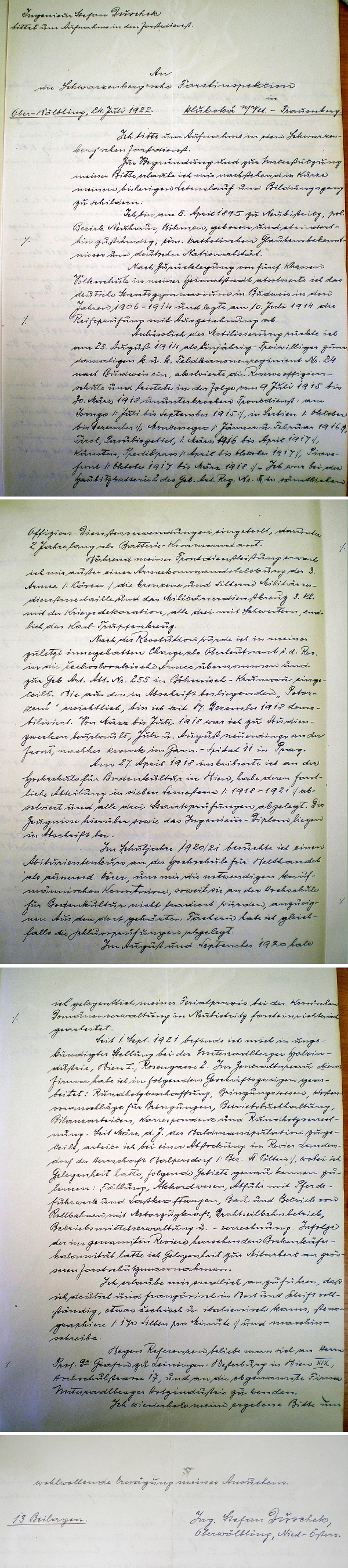 Jeho vlastnoruční životopis, jímž se ucházel v roce 1922 o přijetí do schwarzenberských služeb
