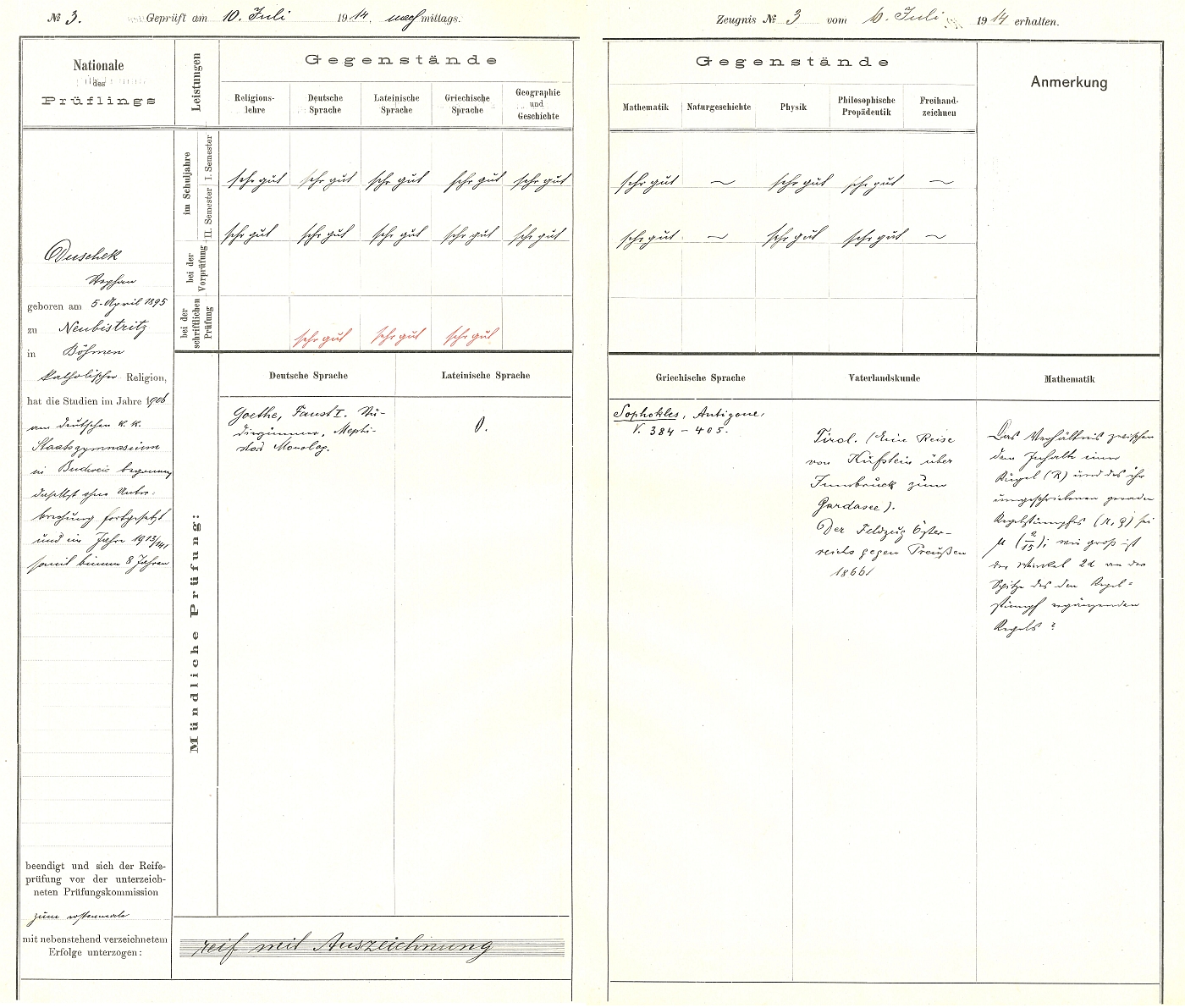 Záznam o jeho maturitní zkoušce na českobudějovickém německém gymnáziu roce 1914 ve školní dokumentaci