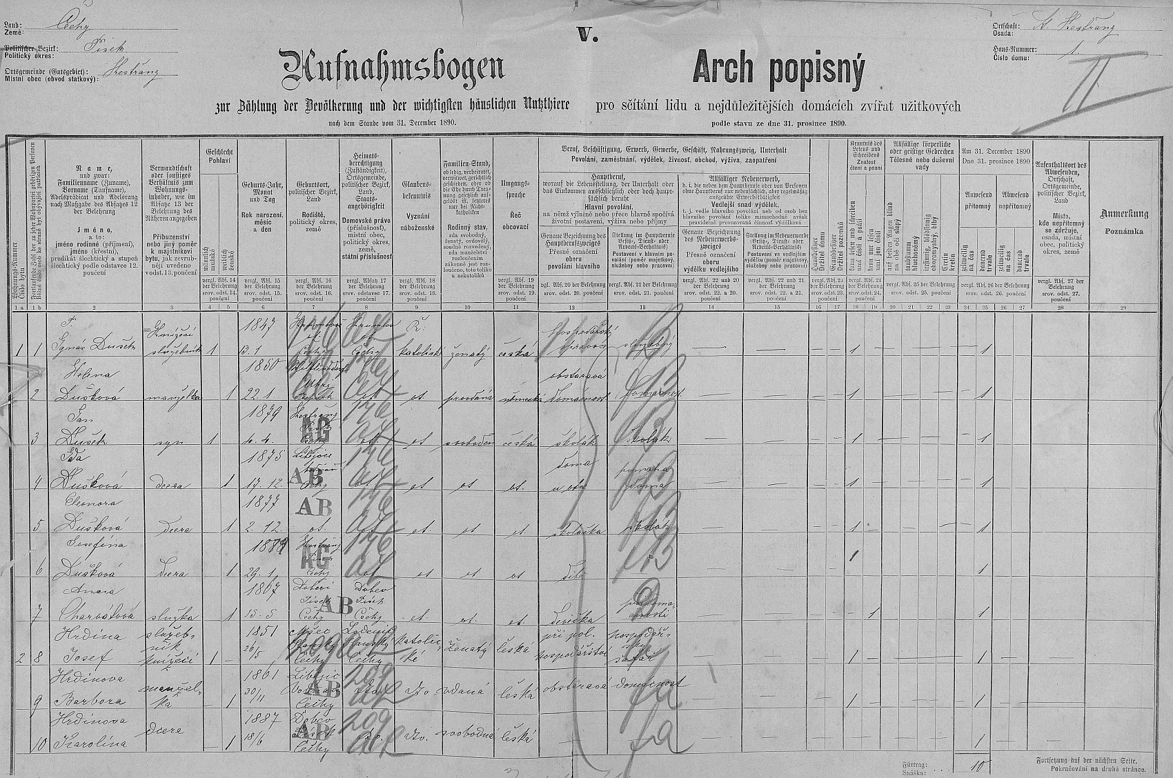 Arch sčítání lidu z roku 1890 pro dům čp. 1 v Kestřanech, sídlo tamního schwarzenberského panství