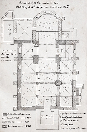 Farní kostel sv. Štěpána v Gmündu s půdorysem z obrazové přílohy jeho knihy
