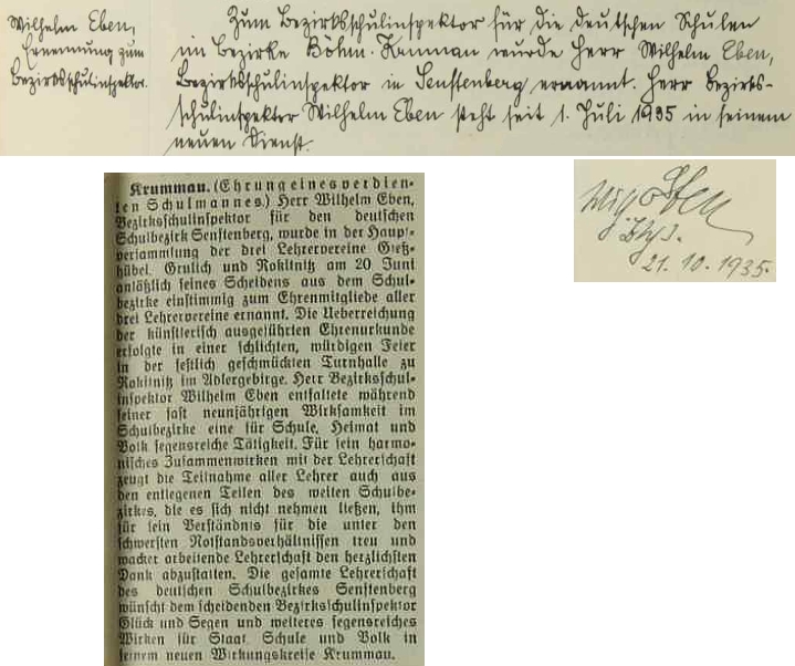 Záznam z chvalšinské školní kroniky o tom, že roku 1935 byl jmenován okresním školním inspektorem německých škol okresu Český Krumlov pan Wilhelm Eben (otec Petra Ebena), jeho podpis na jedné z následujících stran téže kroniky a výstřižek z tisku se zprávou o Ebenově jmenování, pojatý do stránek školní kroniky v Perneku