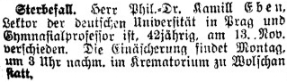 Úmrtní oznámení v listu Prager Tagblatt ze dne 14. listopadu 1925