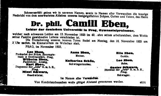 Wilhelm Eben, odborný učitel z Ústí nad Labem, otec Petra Ebena a dědeček Marka Ebena,
je jedním z podepsaných na Camillově parte