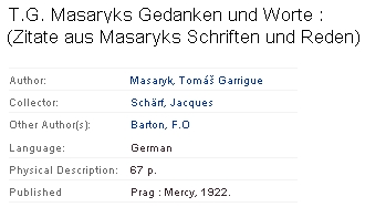 Záznam německého výboru citací z prací a projevů TGM, jehož byl spoluautorem, v katalogu International institute of social history