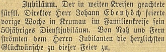 Zpráva o jeho padesátiletém jubileu ve schwarzenberských službách