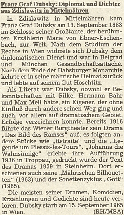 Medailon jejího prasynovce Franze hraběte Dubskyho (1883-1965), literáta jako ona, přítele Rilkeho a Bahra, na stránkách oficiálního orgánu krajanského sdružení