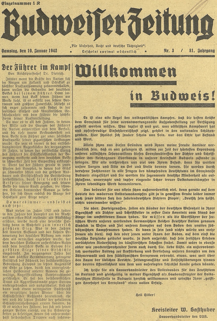 Titulní strana budějovického německého listu se zdravicí "kreisleitera" Gasthubera "hraničářskému" setkání německých spisovatelů na půdě města