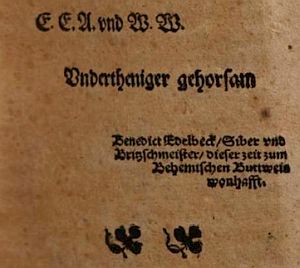 Titulní list jeho díla "Ordentliche und Gründtliche Beschreibunge des grossen Schiessen mit dem Stahl oder Armburst", vydaného v Drážďanech roku 1574 a zakončení úvodu, kde se označuje za řešetáře a šaška z Českých Budějovic