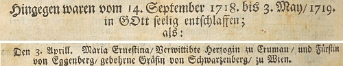 Vídeňské noviny informovaly o jejím skonu sice již dříve, ale až v tomto vydání je v přehledu "význačných nebožtíků" uvedeno i datum 3. dubna, stejné datum je uvedeno i v Il Corriere ordinario