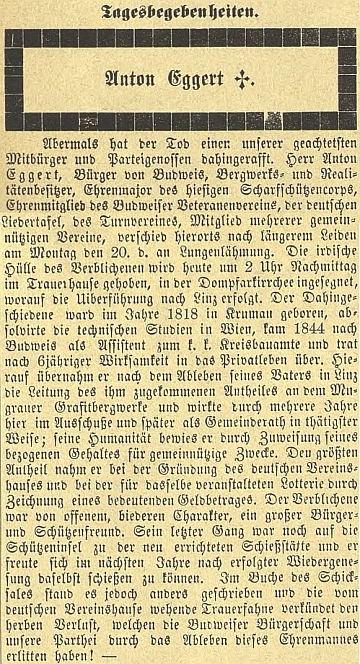 Jeho nekrolog v budějovickém německém listě